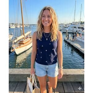 LOFT Beachcomber Harbor Tank Top Navy Nautical Embroidery NWT Medium